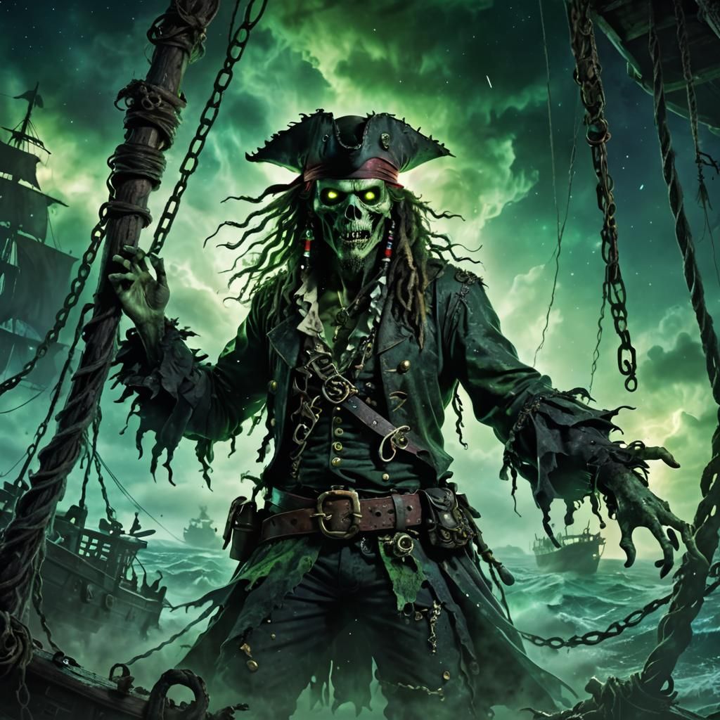 Gruesome Zombie Pirate Emerging from Iridescent Mist