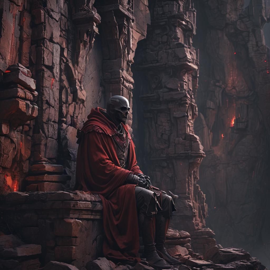 Eerie Fantasy: Figure on Stone Throne by Red Moon