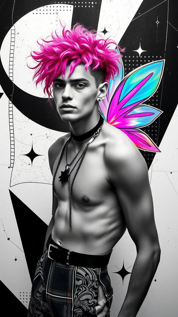 Create a black and white fashion  photograph  style image  with   fairy  winged  male model inspired by abstract and exp...