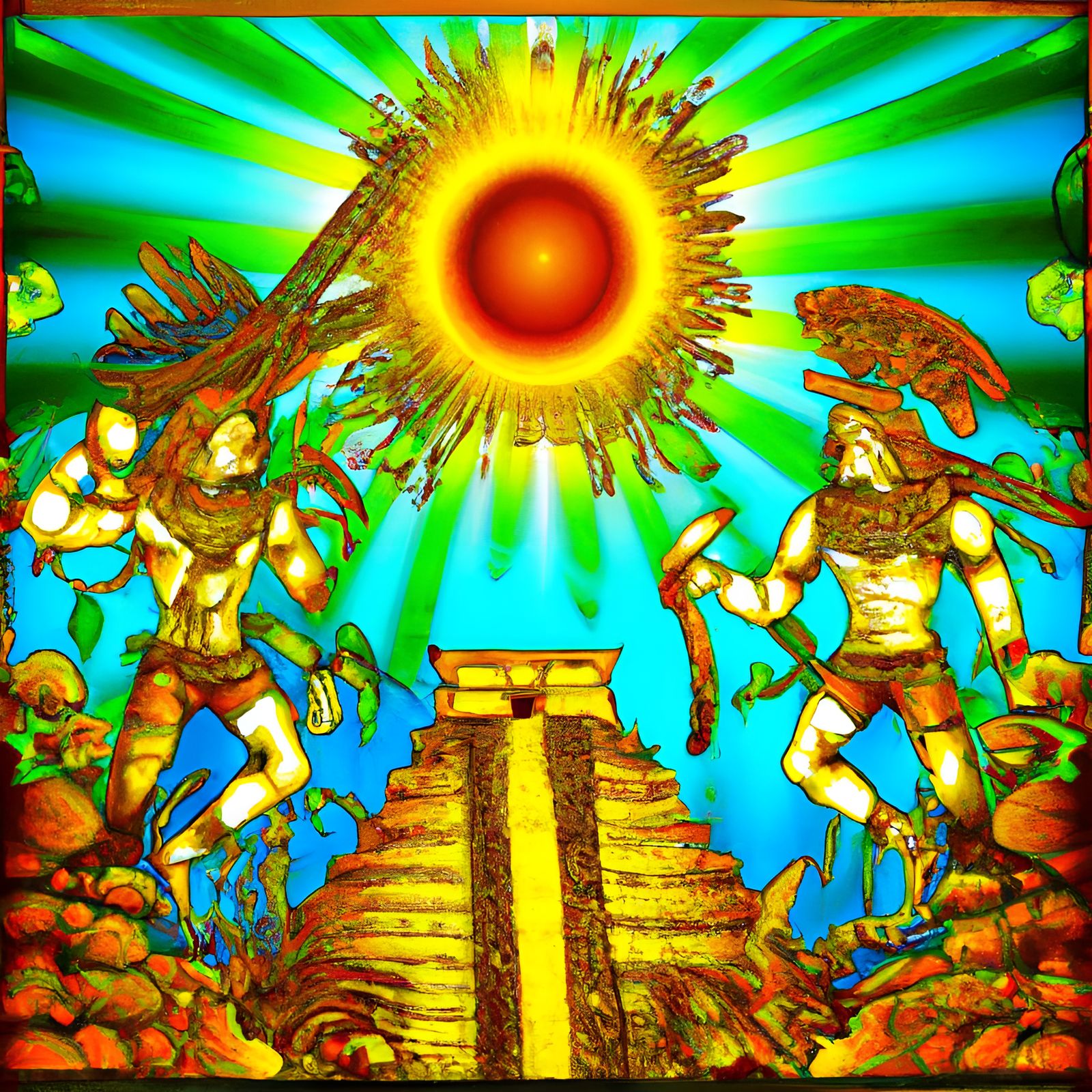 Mayan Warrior Battle in Art Nouveau Jungle