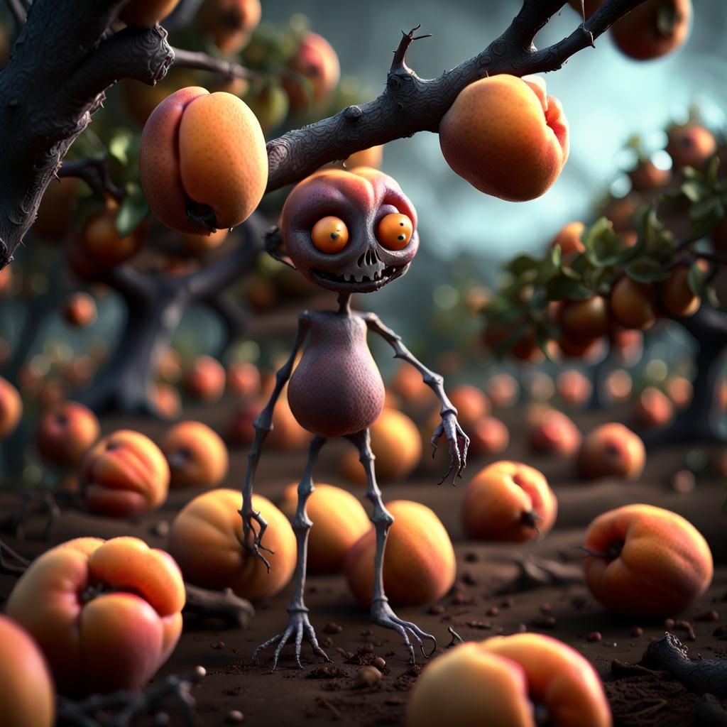 Eerie Apricot Creatures in Orchard: CG Render