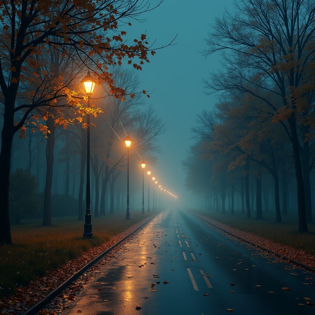 Mystical Rainy Night: Autumn Leaves in Fantasy Style