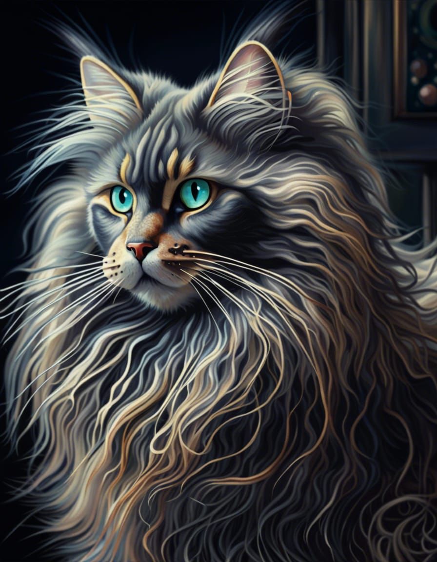 Hyperdetailed Long-Haired Cat in Fuzzy Style