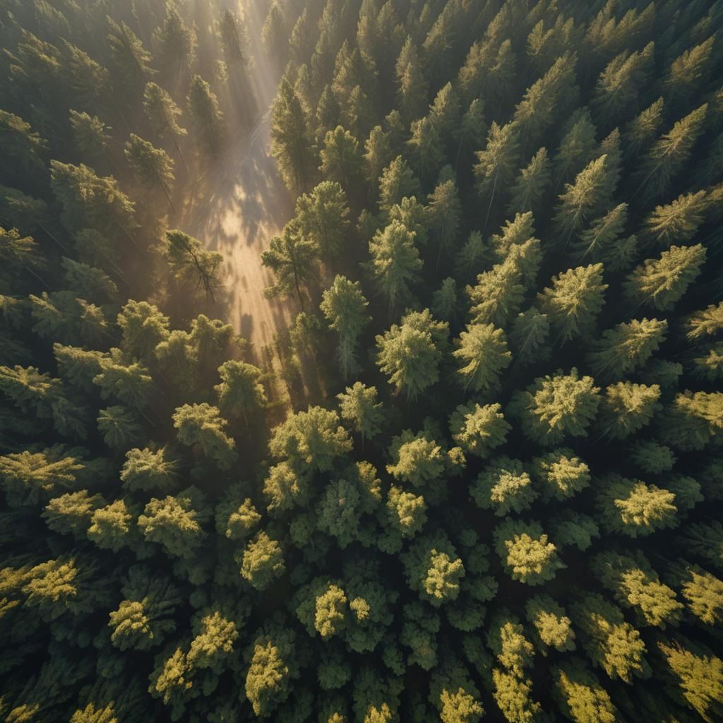 Aerial View of Dense Forest in Sunlight