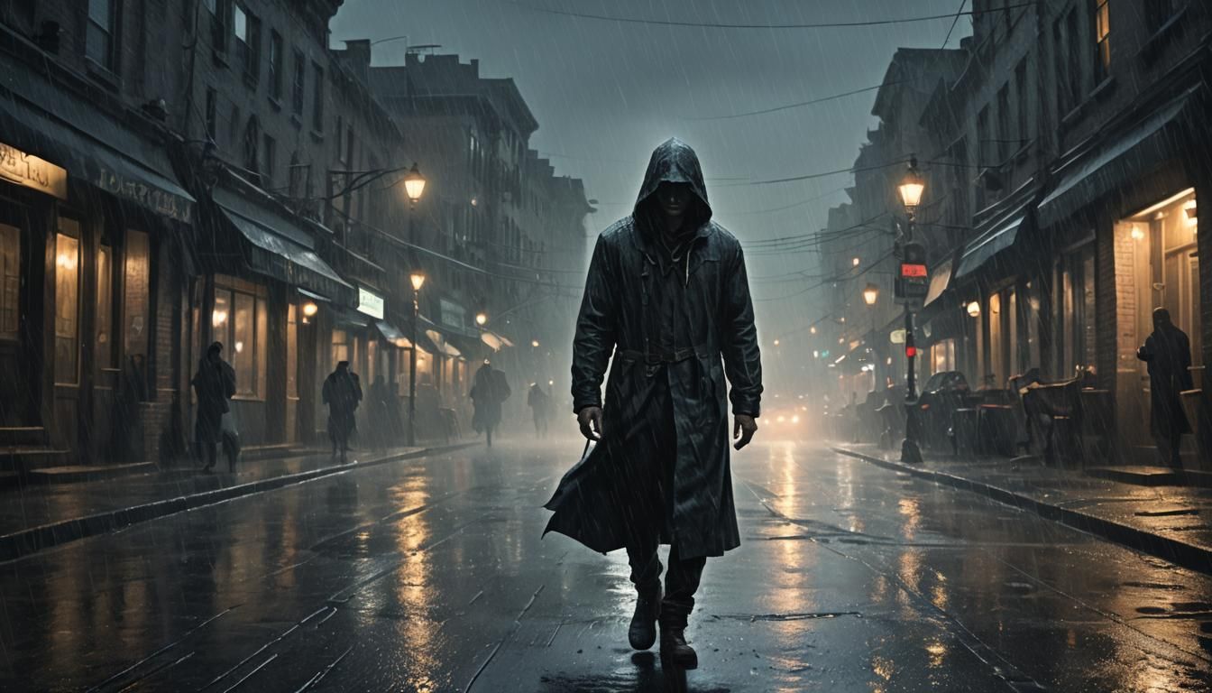 Ominous Hooded Figure in Rain, Dark Fantasy Art
