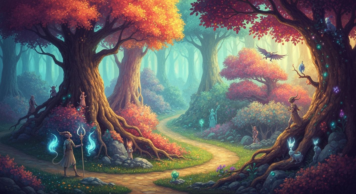 Enchanted Forest with Elven Creatures in Fantasy Illustratio...