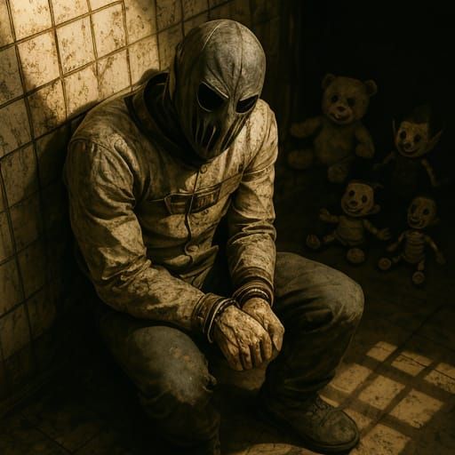 Sinister Asylum Inmate in Decayed Cell: Comic Illustration