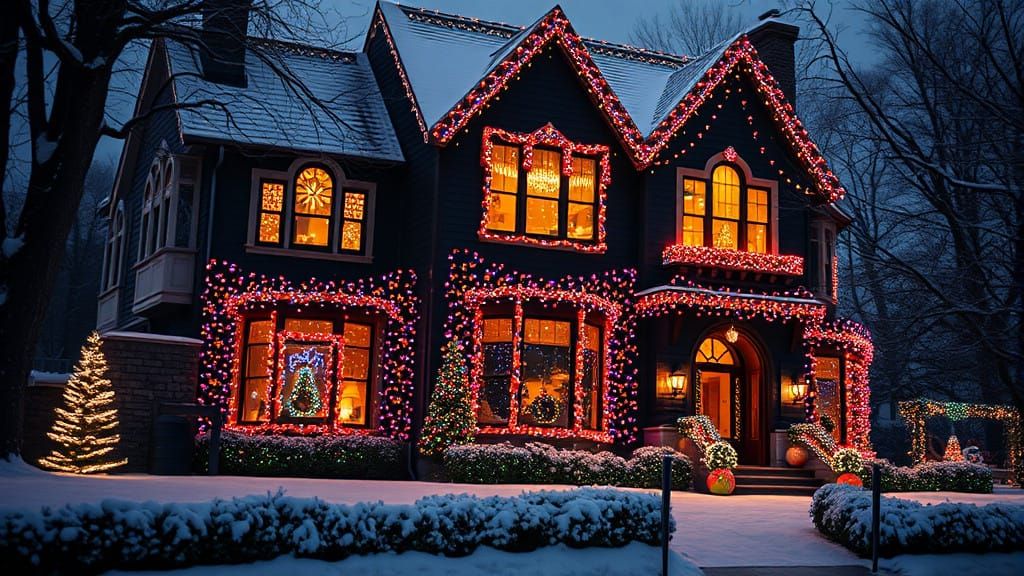 Majestic Black House Illuminated by Vibrant Christmas Lights