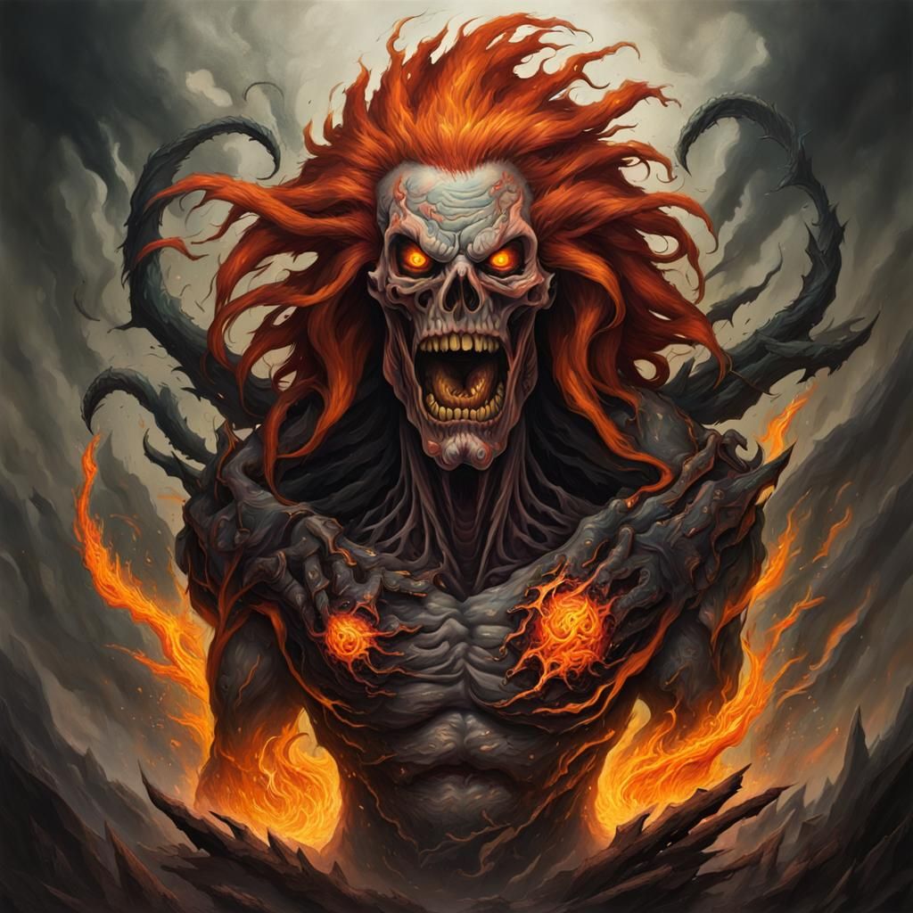 Sinister Floral Figure with Fiery Hair and Electric Tattoos