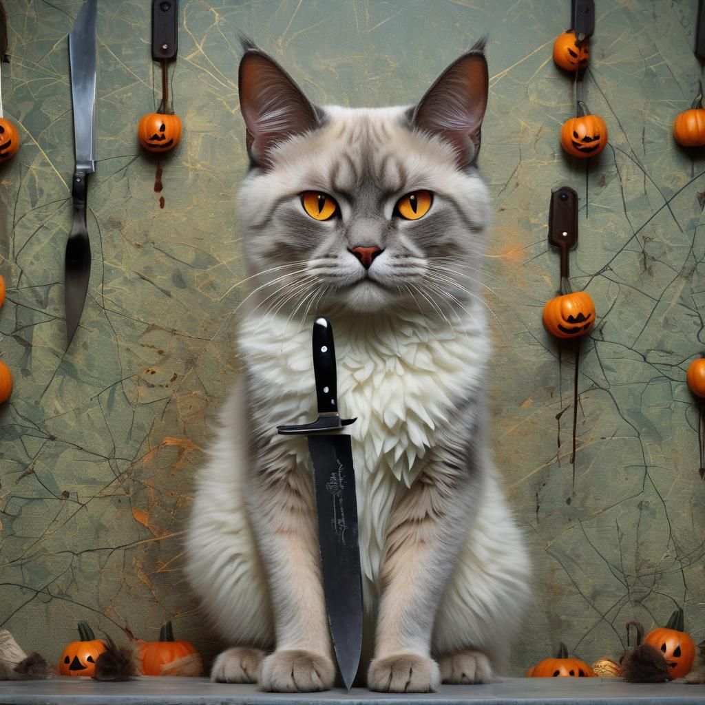 Hyperrealistic Cat with Knife in Horror Setting