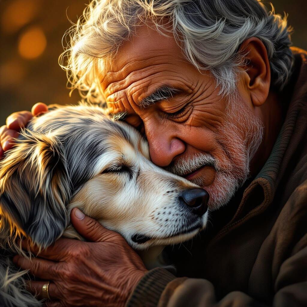 Elderly Man and Dog in Golden Light
