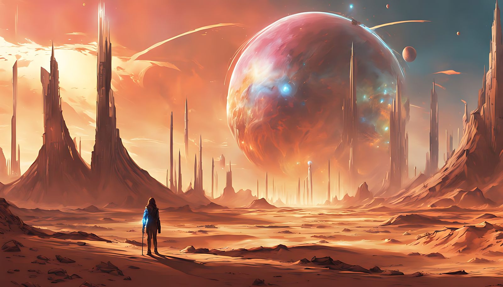 Vibrant Desert Planet City at Sunset in Cyberpunk Style