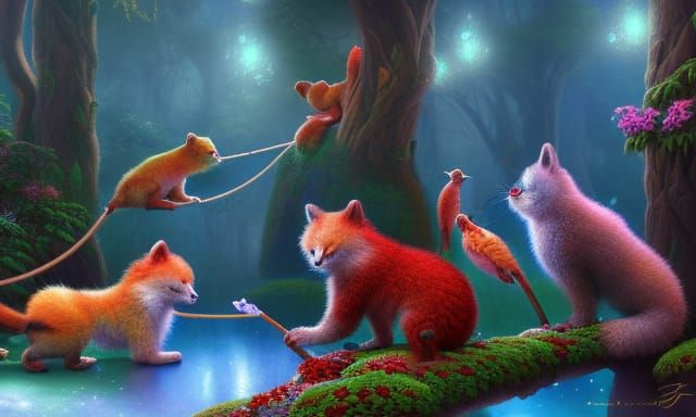 Red Pandas Frolicking in a Fantasy Forest