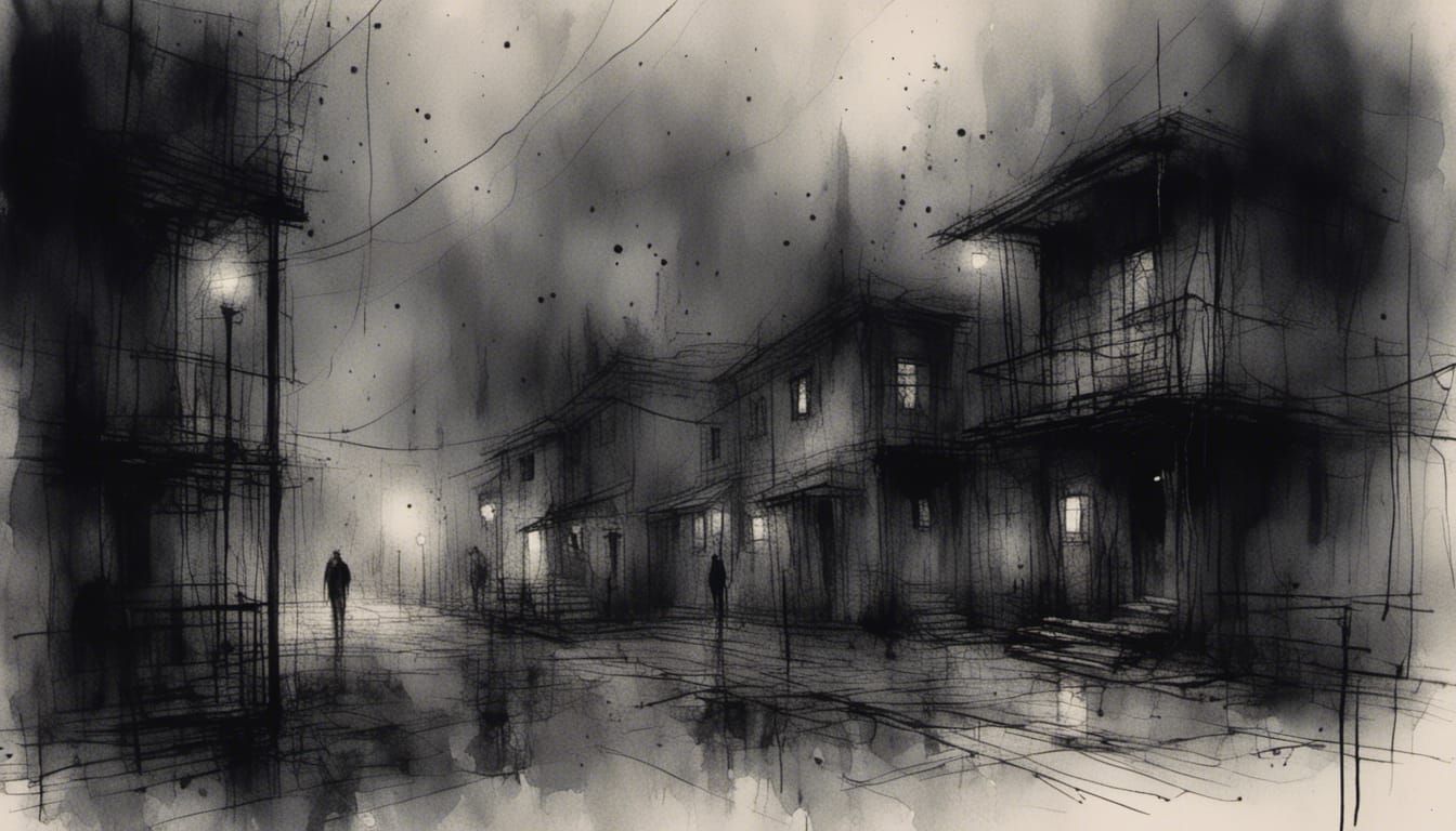 Dramatic Stormy Night Charcoal Drawing with Lightning