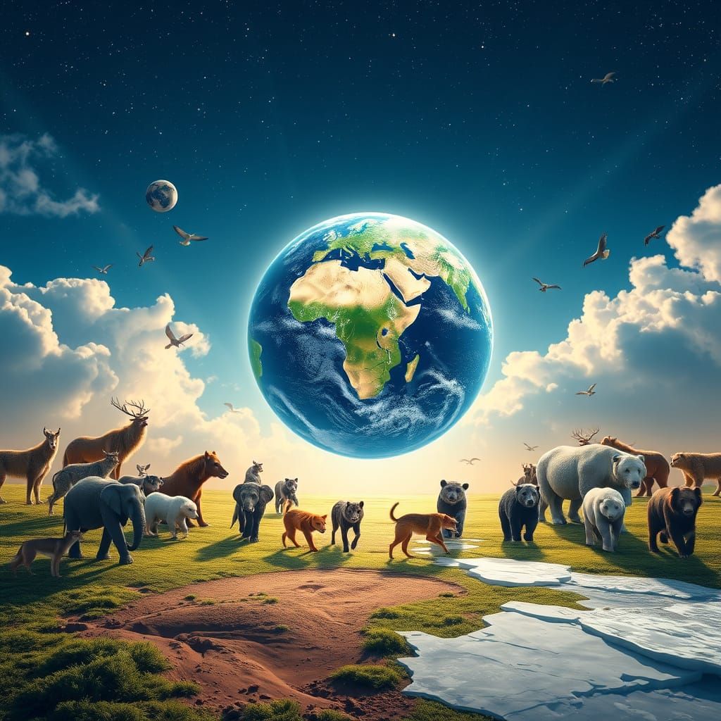 Global Animal Parade Around Floating Earth