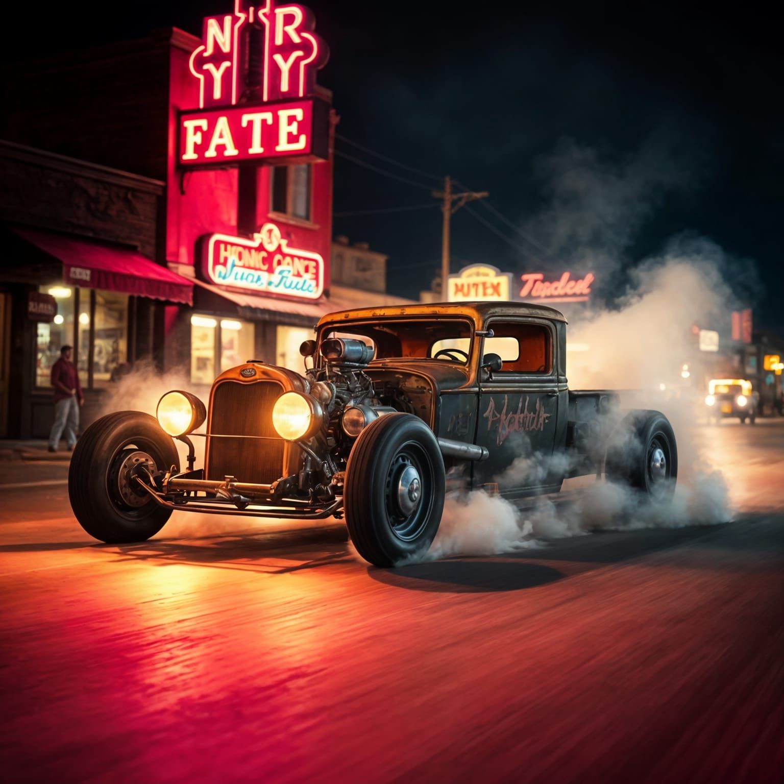 Rat Rod Burnout at Neon Intersection, Cinematic Film Still