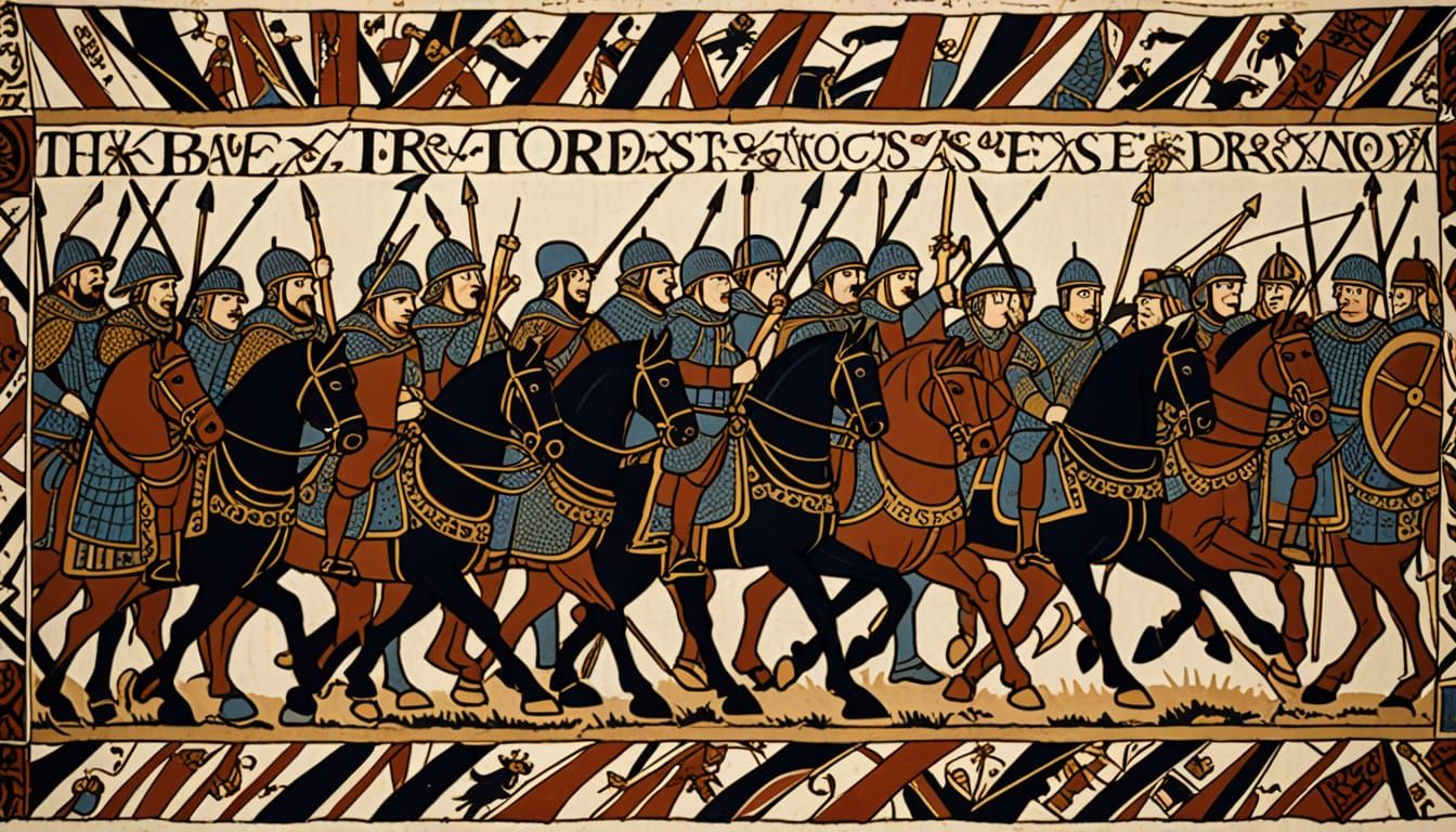 Medieval Battle Scene Depicted in Vibrant Tapestry Style