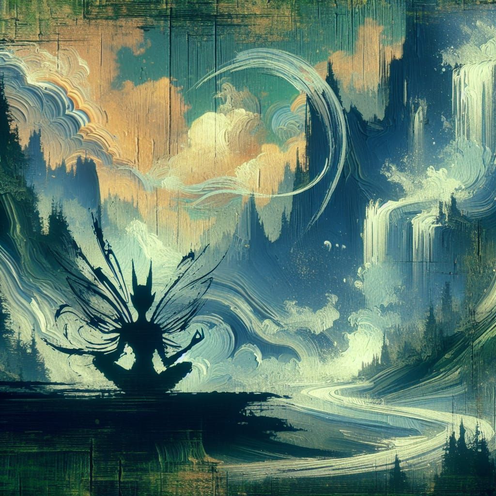 Surreal Expressionist Oil Painting of a Fay Meditating by a....