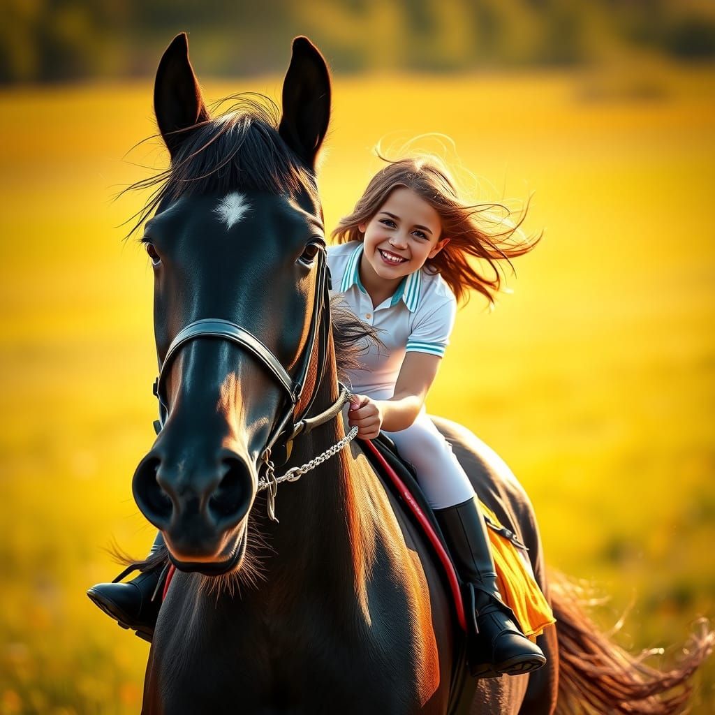 Racehorse and Jockey Gallop Through Sunny Field