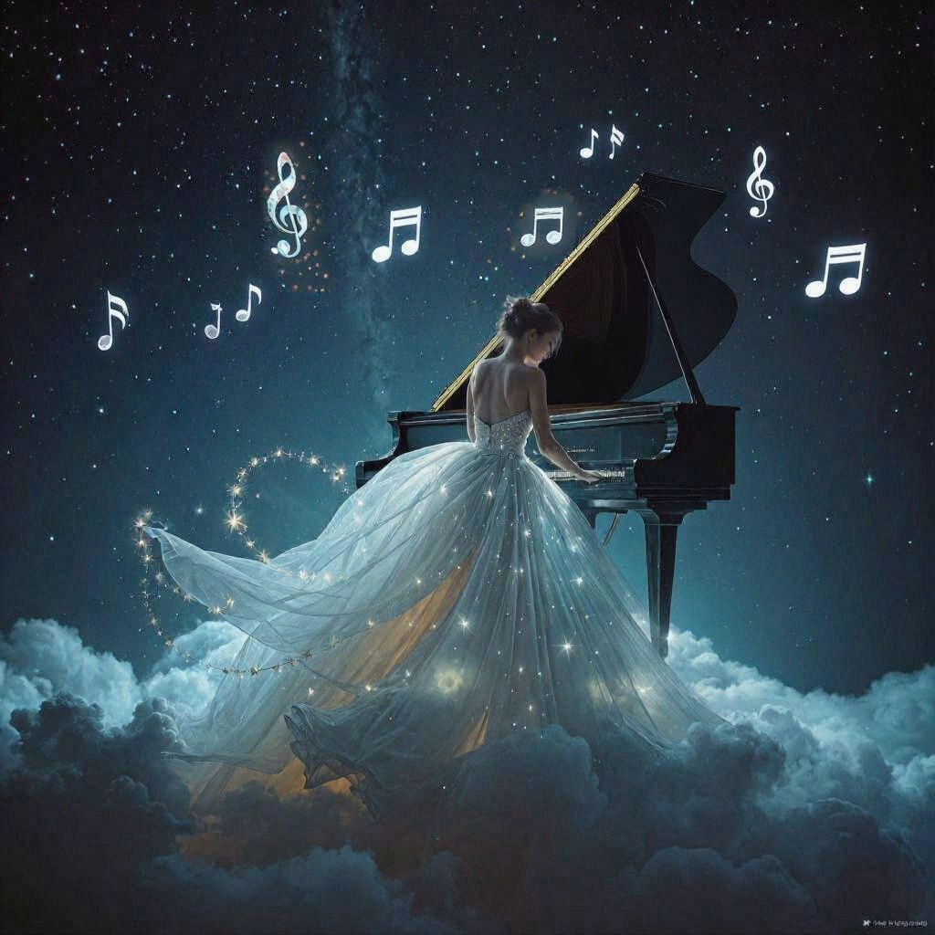Pianist on a Cloud with Starry Dress