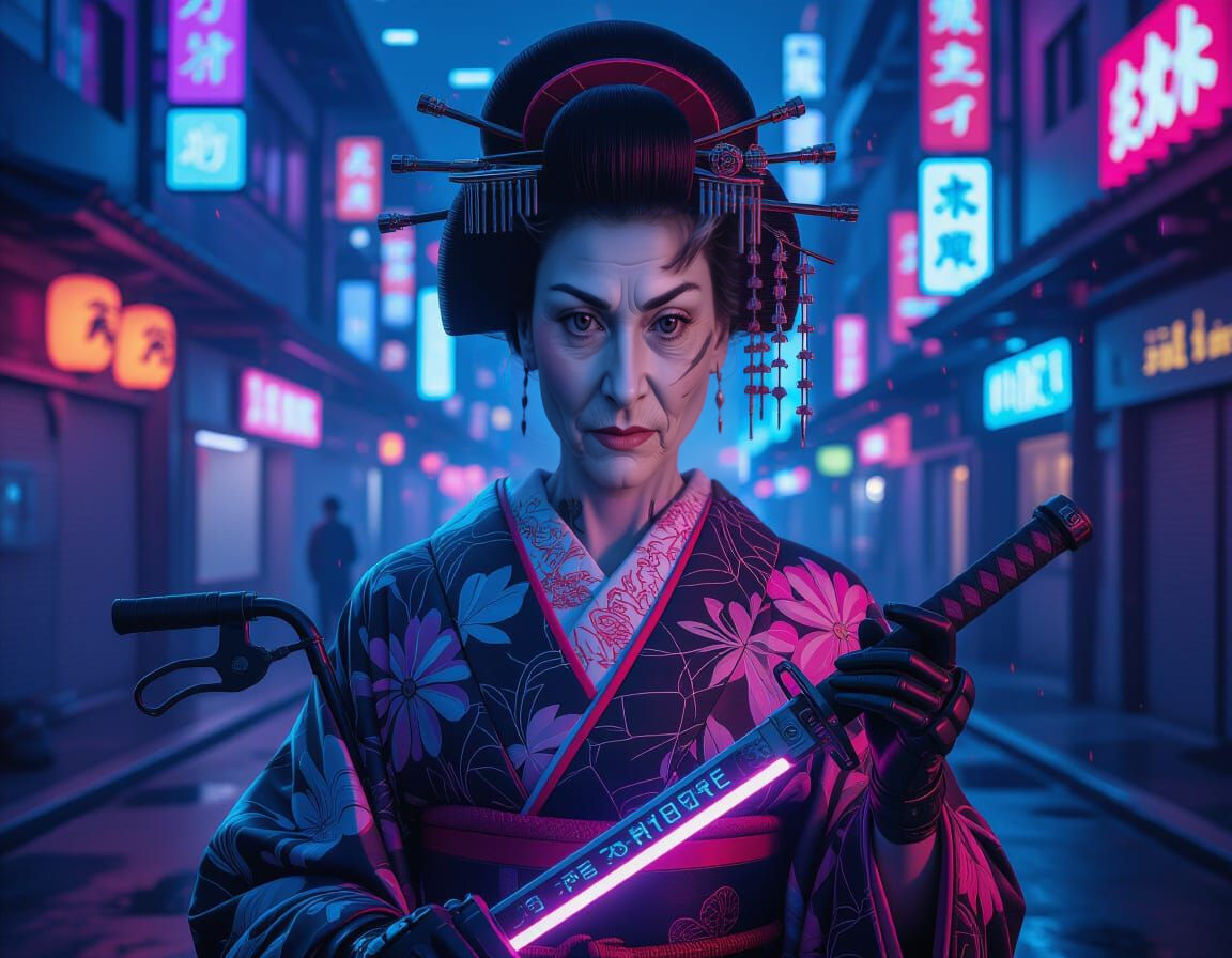 Cyberpunk Geisha Assassin in Neon Cityscape
