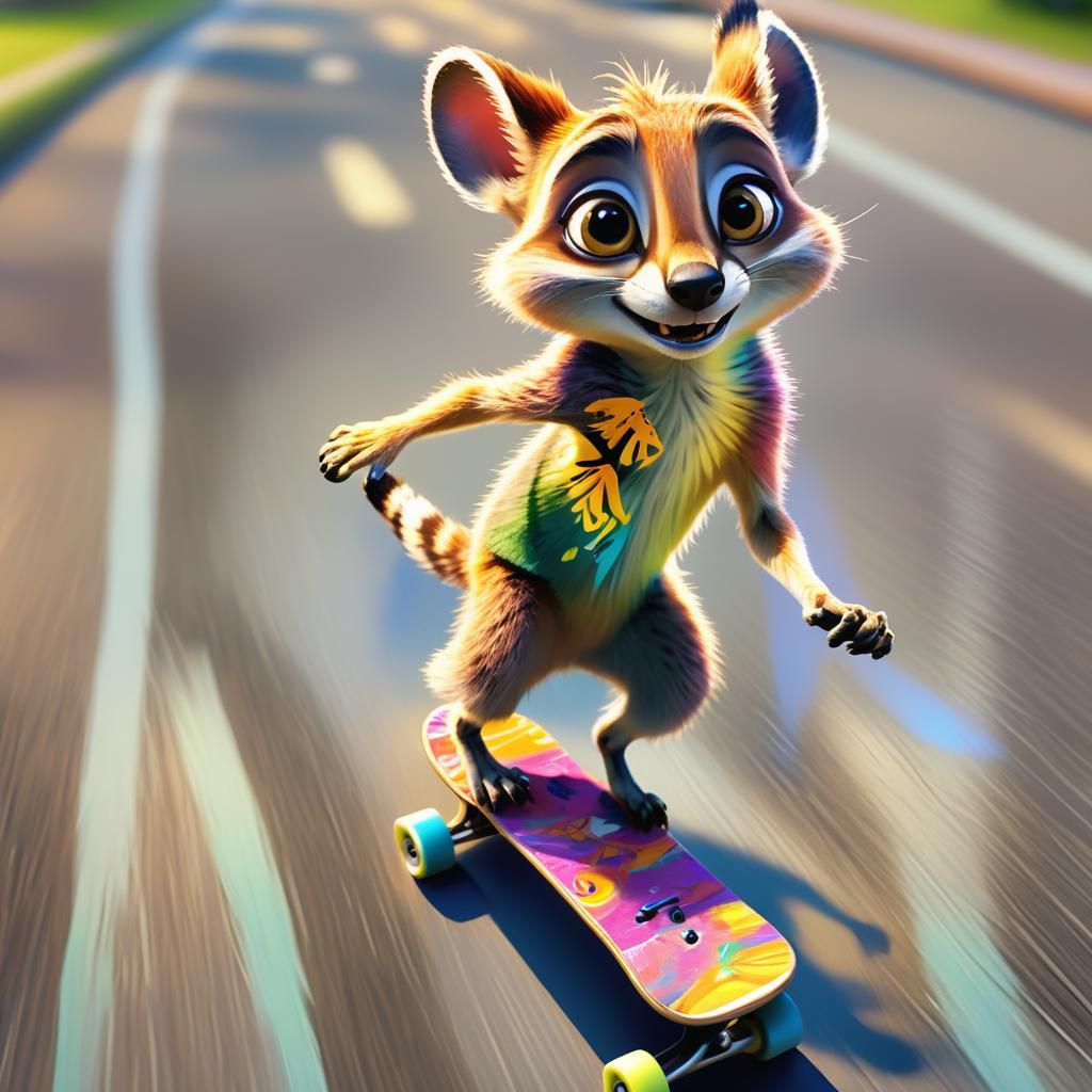 Startled Meerkat on Skateboard in Zootopia Style