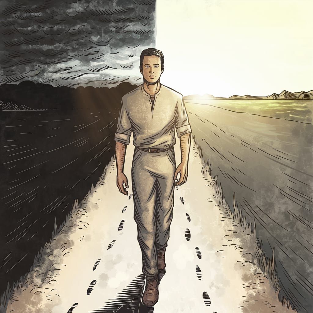 Man Walks Towards Victory on a Path of Transformation