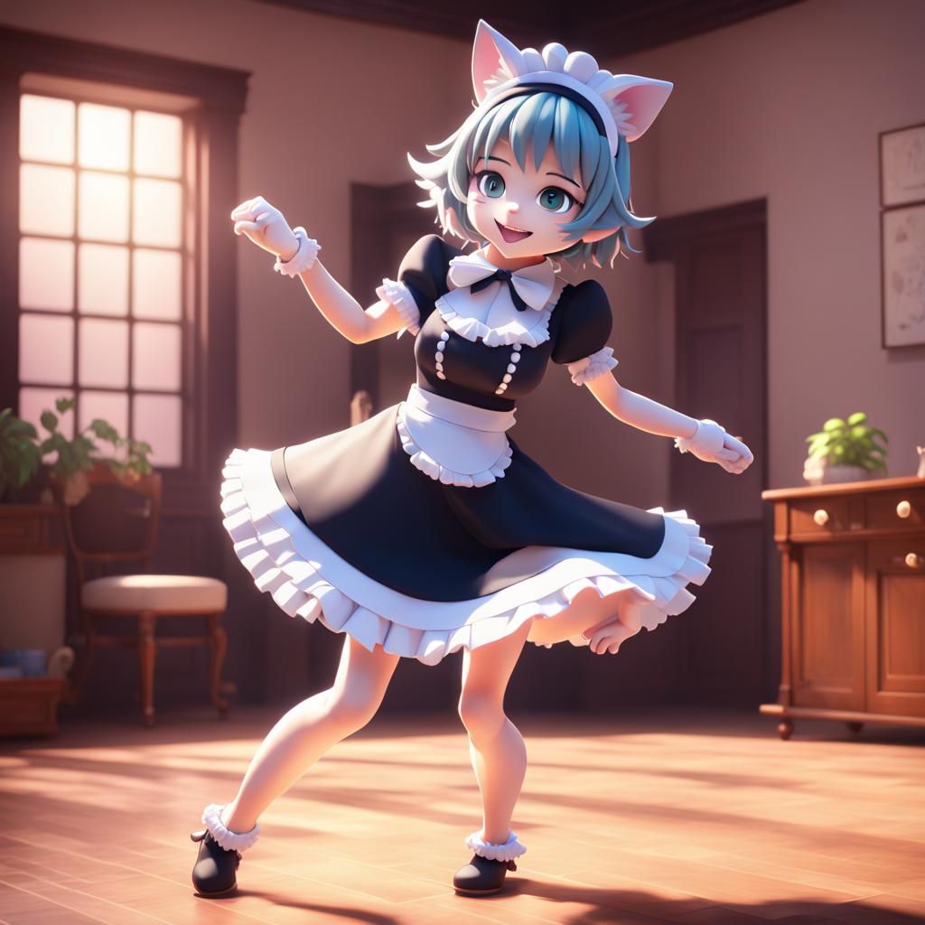 Anime Catgirl Maid Dancing: Pixar-Style 3D Render