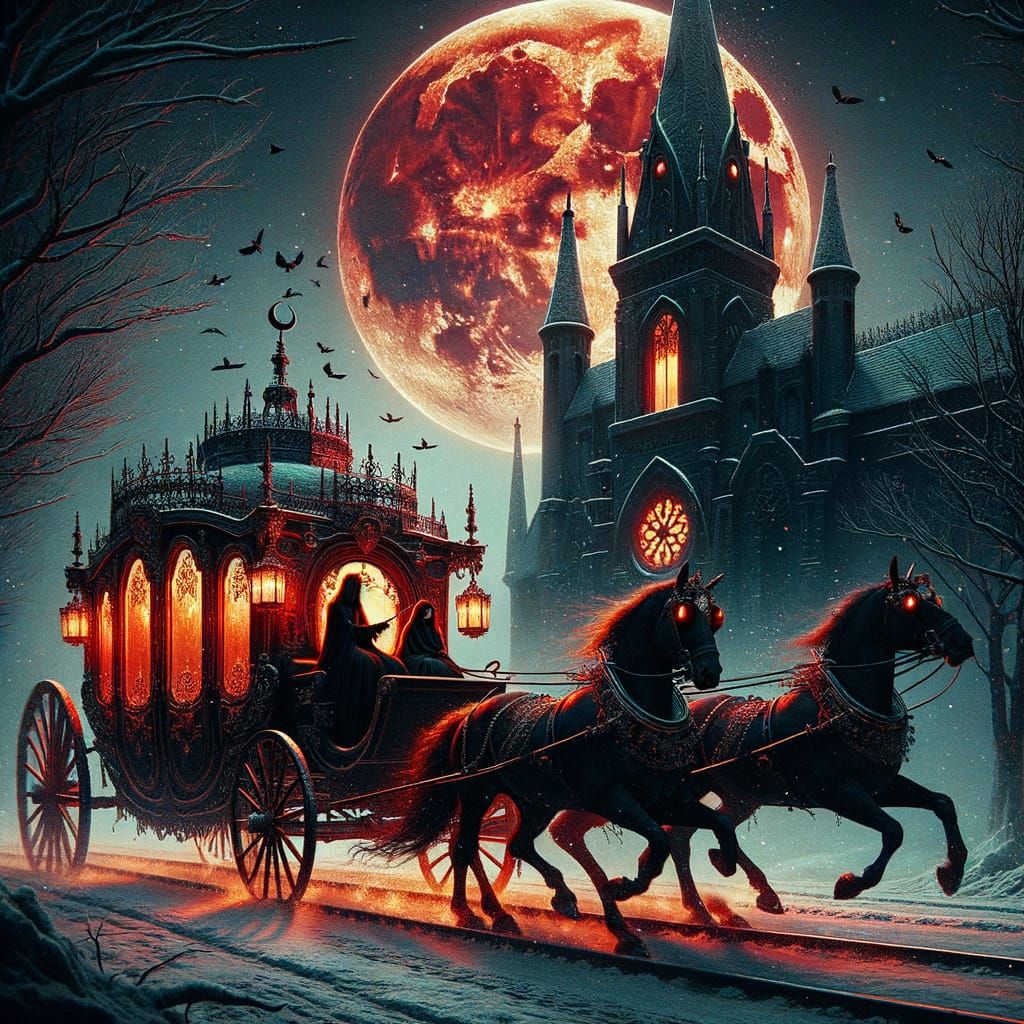 Haunted Carriage in Snowy Forest, Gothic Digital Art
