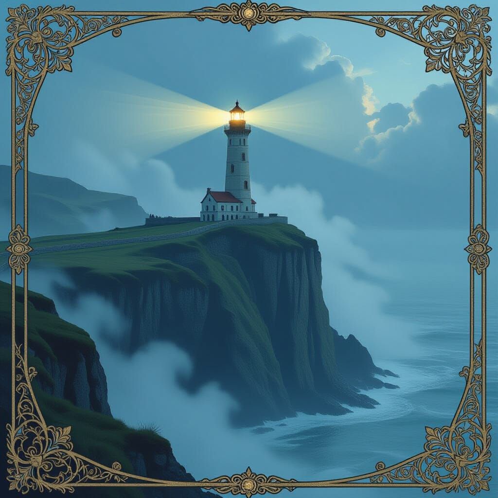 Mystic Lighthouse Guiding Ships, Hyperrealistic Art