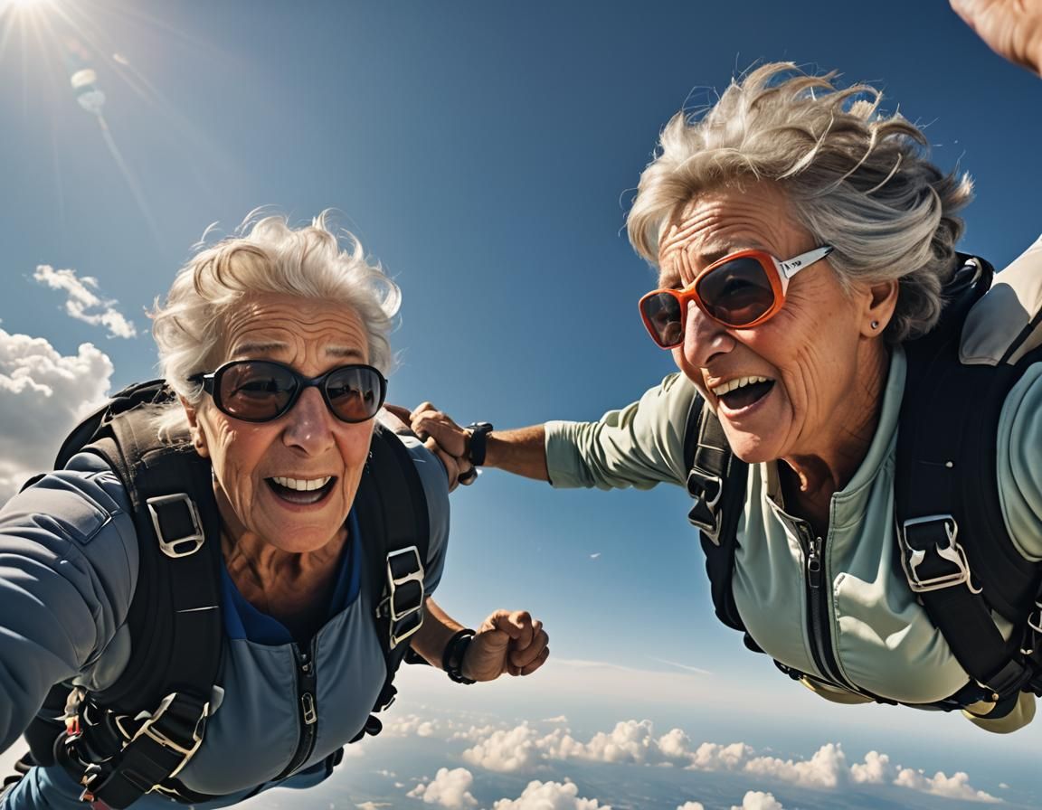 An old lady doing a tandem skydive view of her face.
