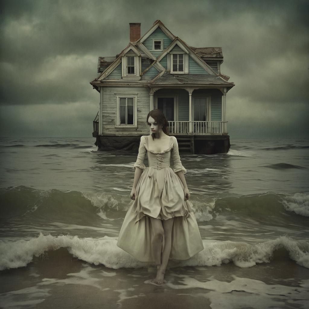 Surreal Girl Leaving Haunted House, Moody Art