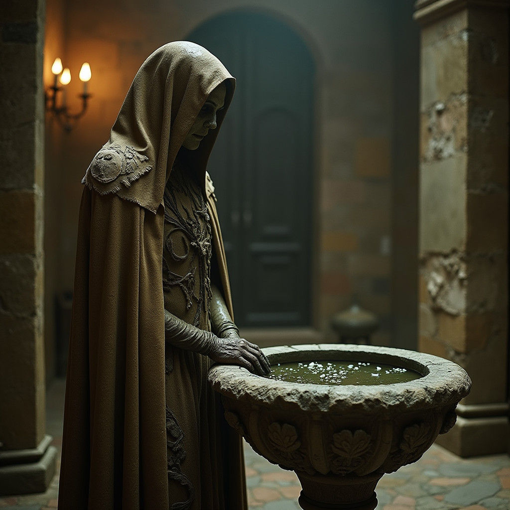 Morticia as Golema at Baptismal Font, Cinematic