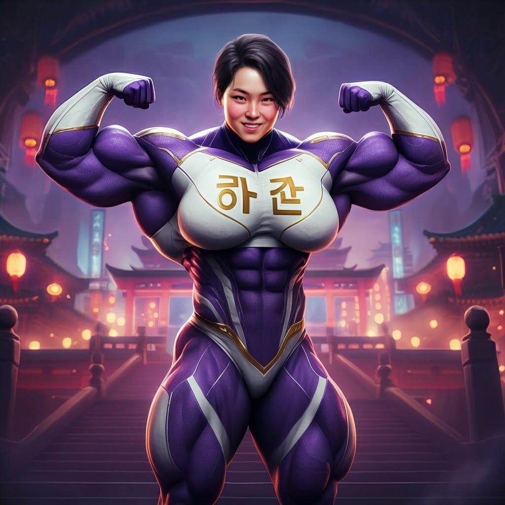 A muscular South Korean female caped superhero in Purple & W...