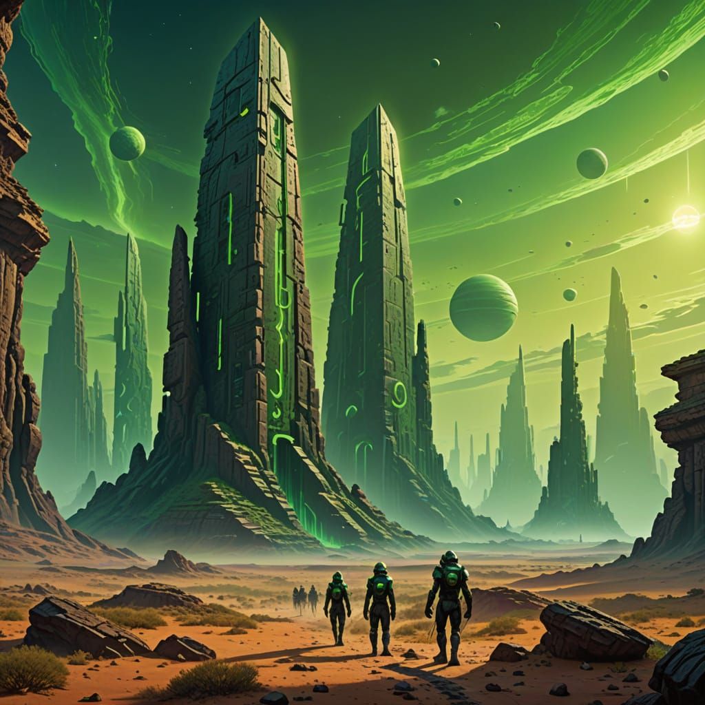 Alien Planet with Towering Sci-Fi Monoliths