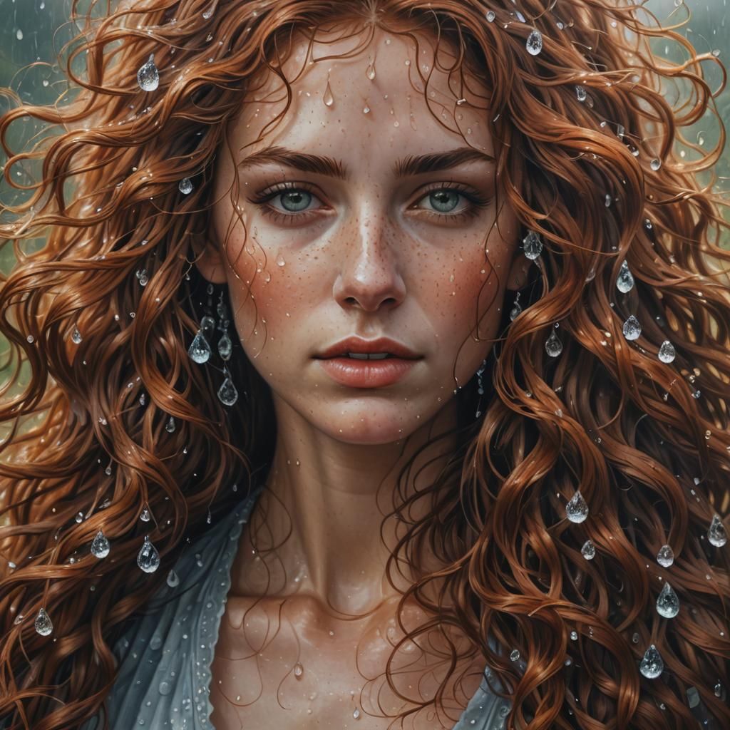 A female with long curly auburn hair whose body is made of dew drops, dew drops billowing off into the wind, 8k resoluti...