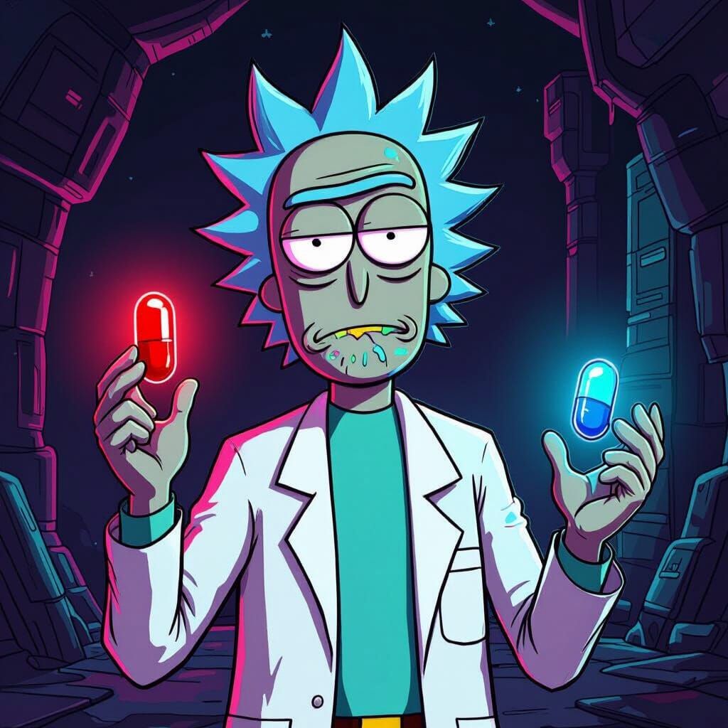 Dystopian Choice: Red Pill, Blue Pill in Cartoon Style