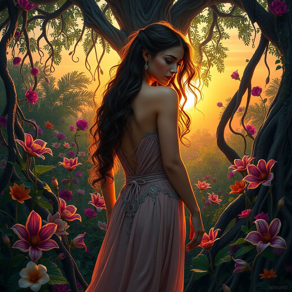 Enchanting Woman Enters Mystical Garden at Sunset