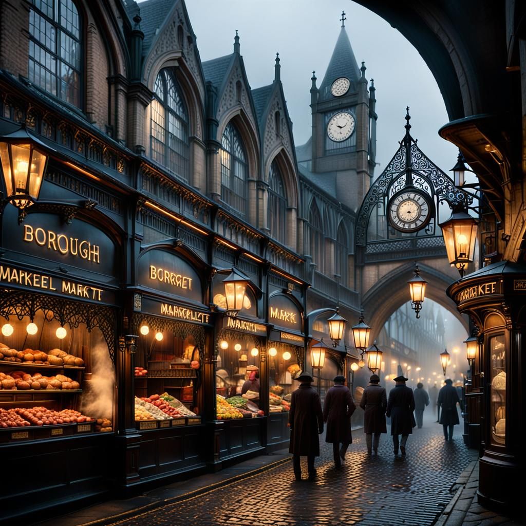 Victorian Borough Market at Night in Gothic Style