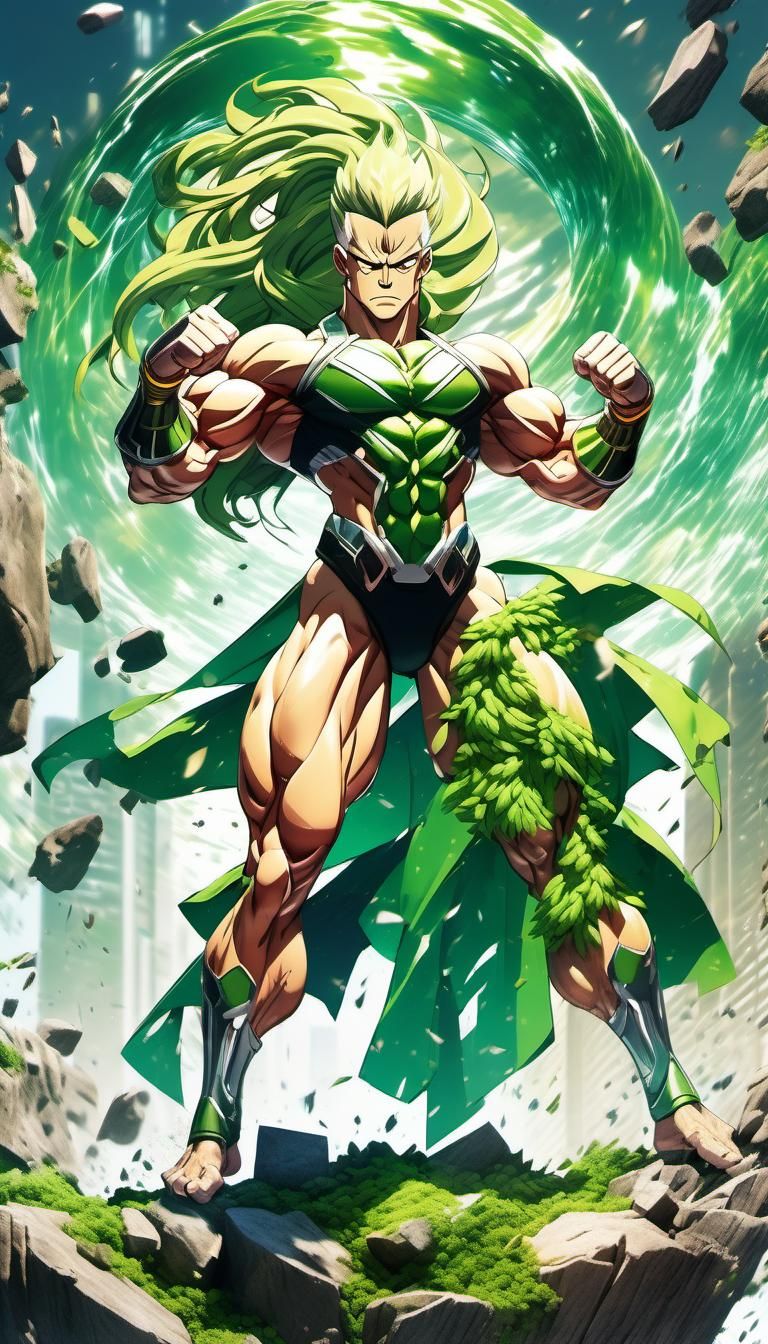 Anime-Style Muscle Goddess on Green Island, Hyperrealistic I...