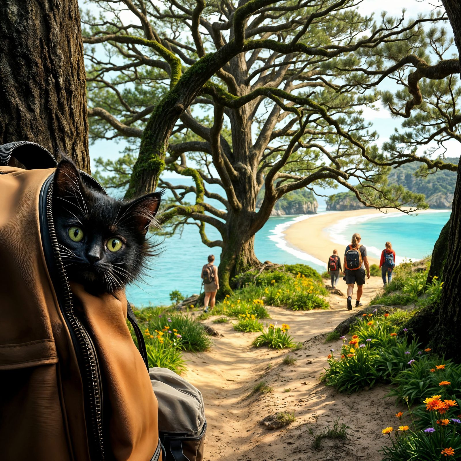 Girl and Cat Hike Towards a Sunny Beach Amidst Stormy Weathe...
