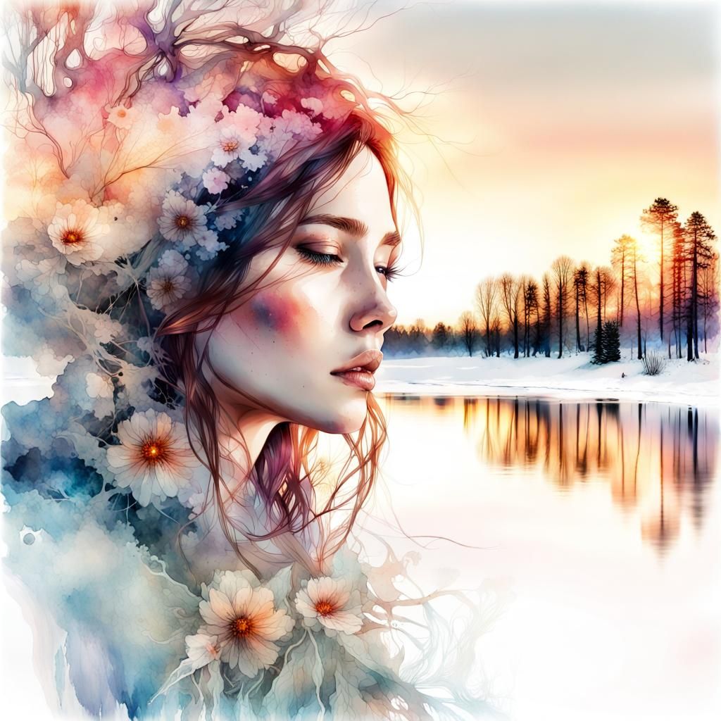 Winterscape Sunset in Reflected Watercolor Illustration