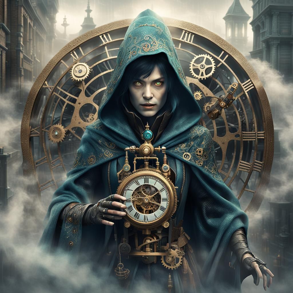 Steampunk Mage Emerges in Mist-Veiled Cityscape
