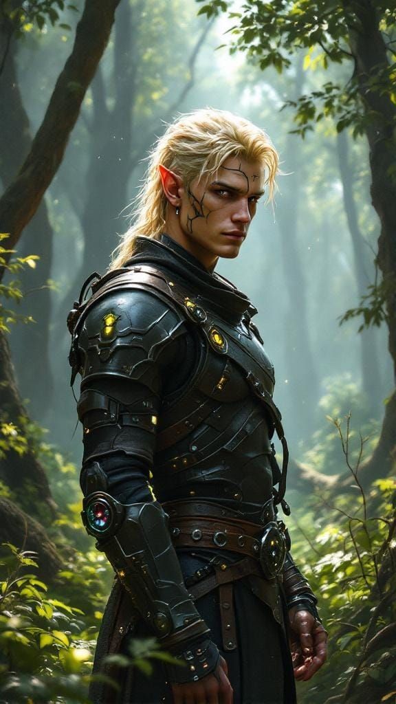 Handsome Elf Cyborg in Forest, Oil Realism Style
