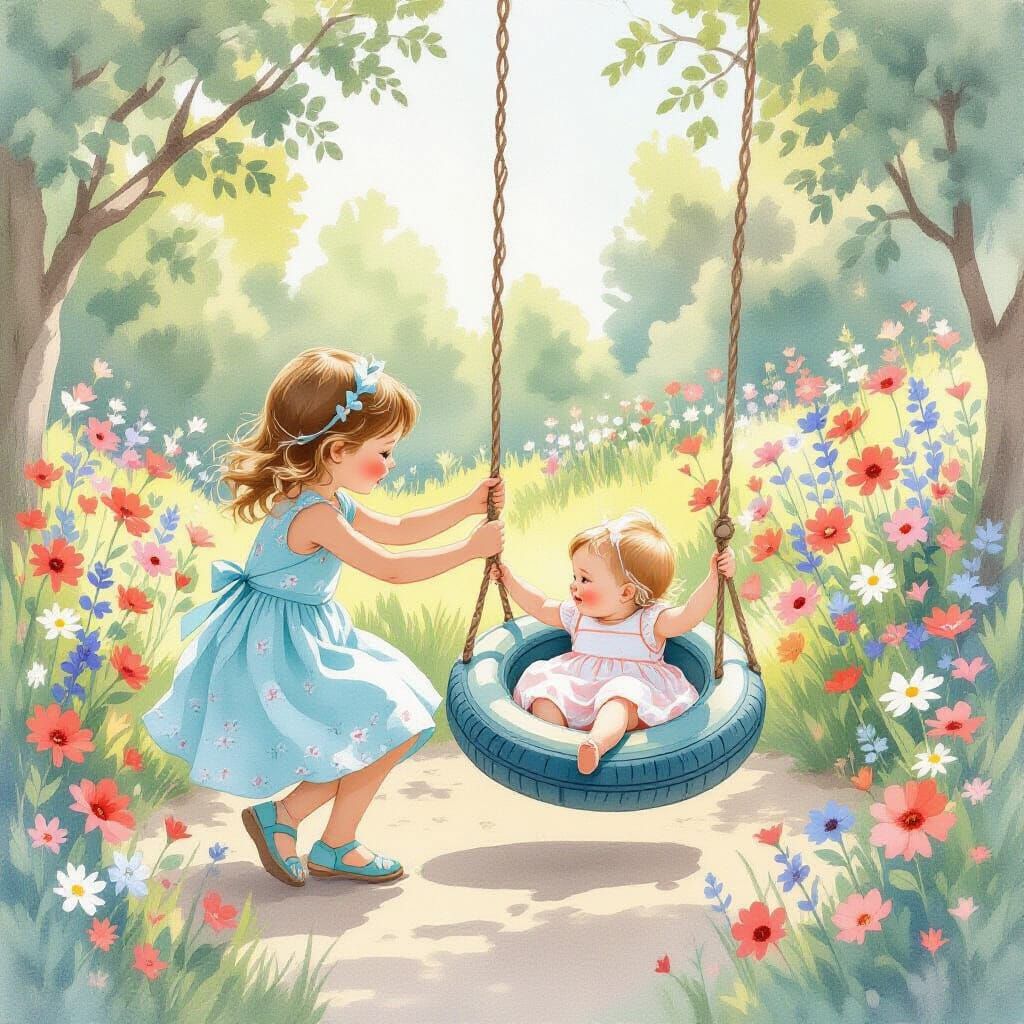 Sisters on Tire Swing in Watercolor Style
