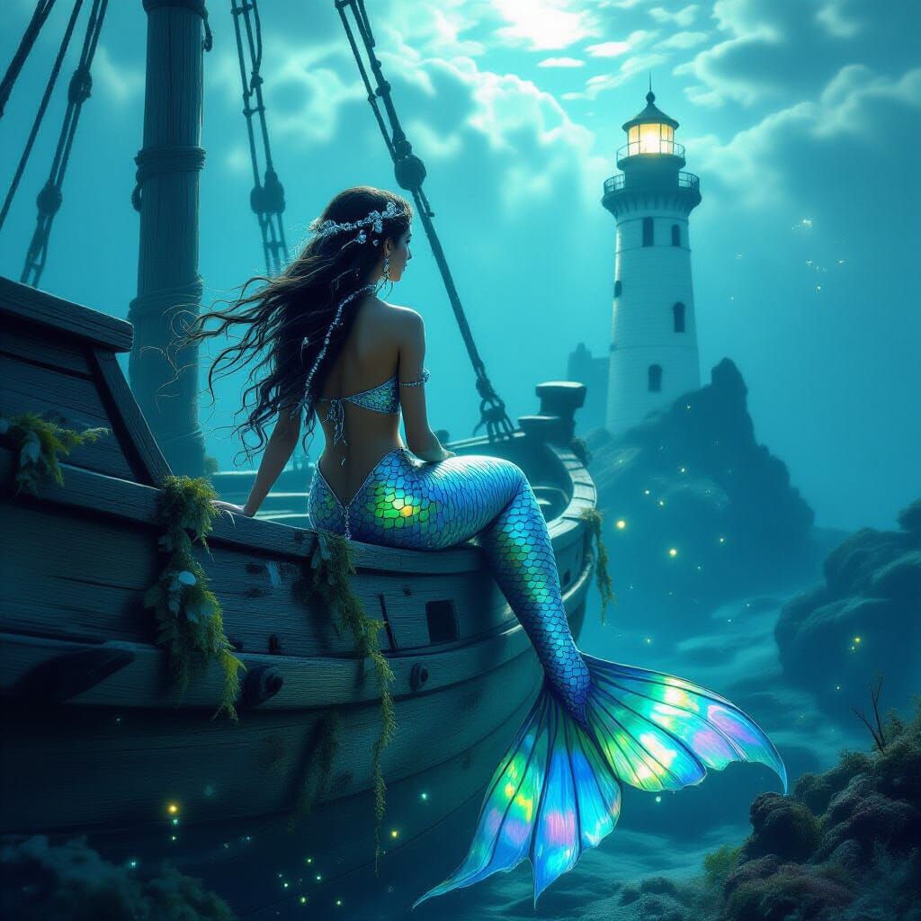 Mermaid Perched Atop Shipwreck in Hyperrealistic Style