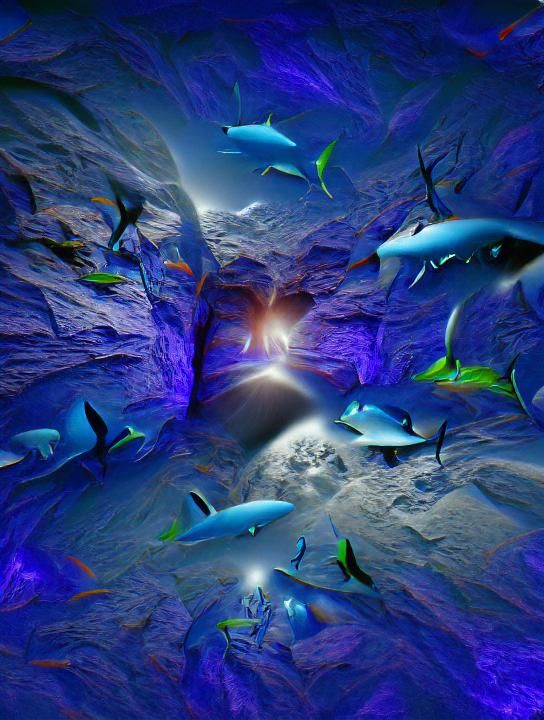 Underwater cavern bathed in blue light with darkness below. Bright colourful fish exploring. hammerhead shark and great ...