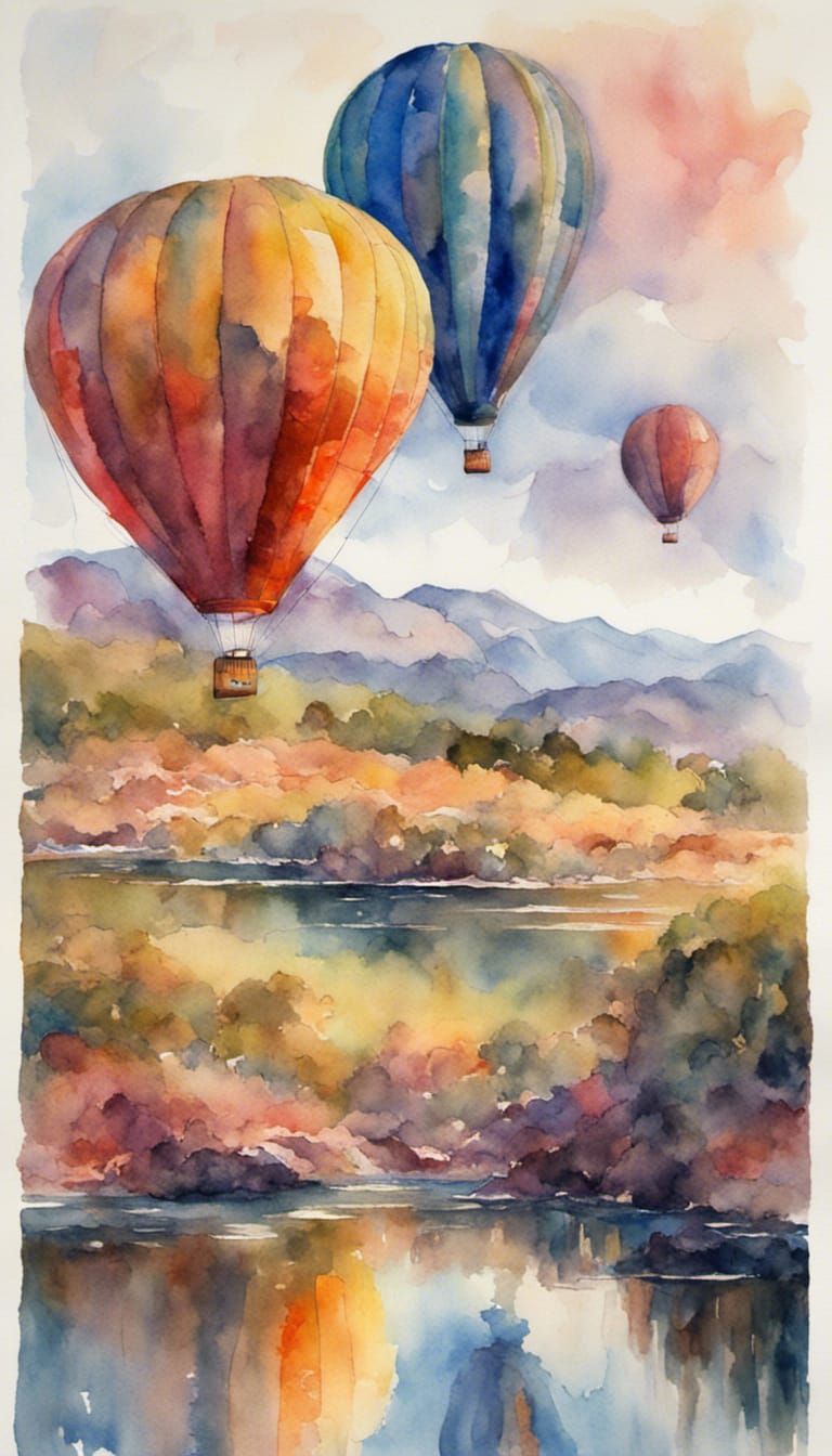 Impressionistic Watercolor Mountain Scene with Balloon
