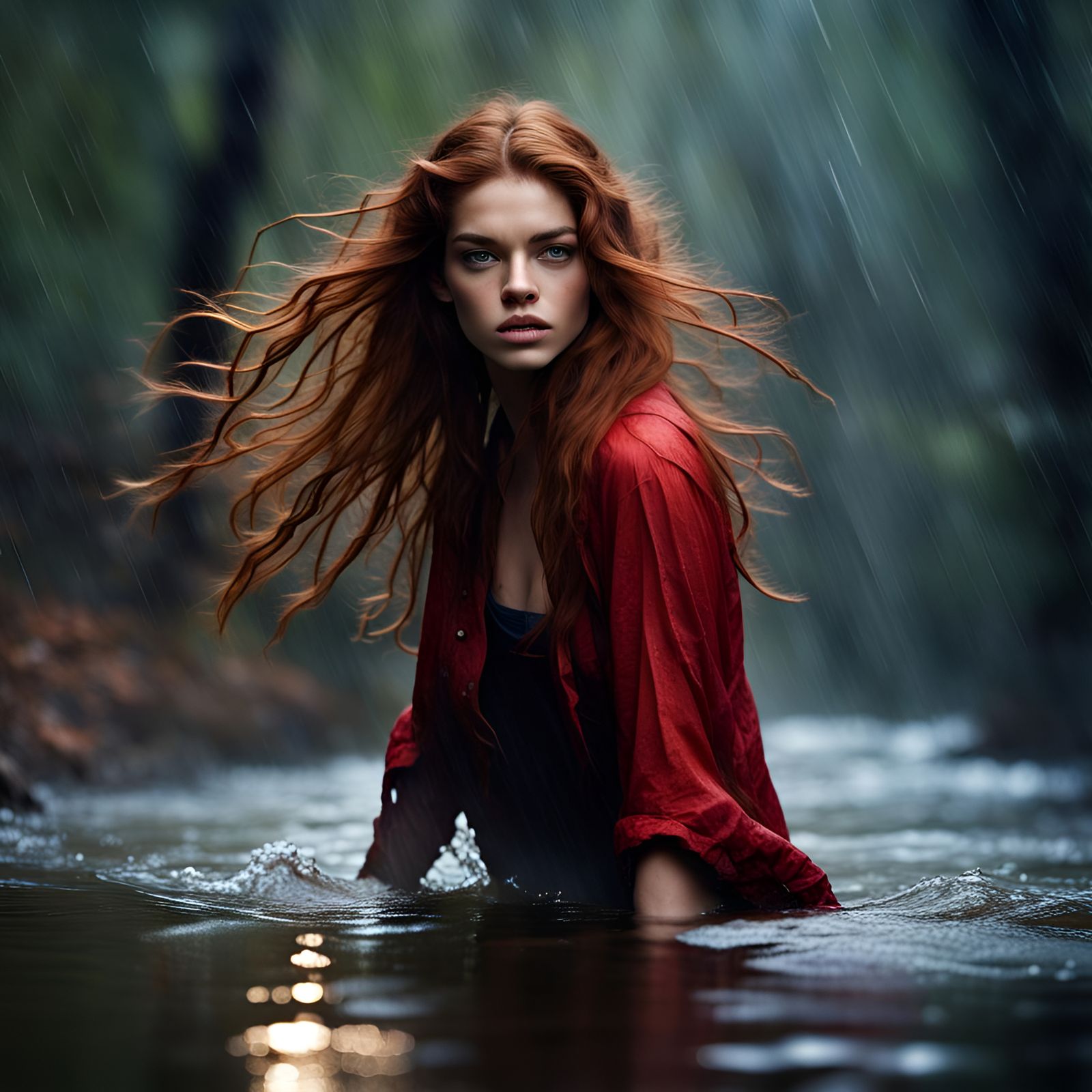 Redhead in Rainy Forest Stream: Hyperrealistic Photo