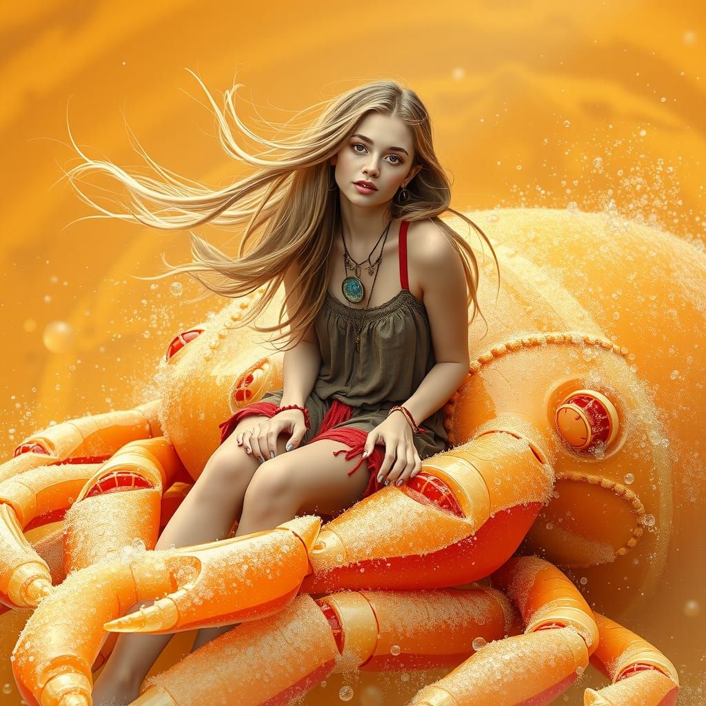 Gummy Crab Rider in Effervescent Sea, Digital Art